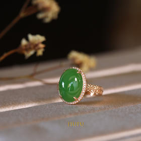 18K玫瑰金和田玉（碧玉)满钻戒指--锦华/蛋面10*14mm/苹果绿