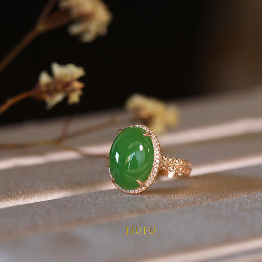 18K玫瑰金和田玉（碧玉)满钻戒指--锦华/蛋面10*14mm/苹果绿 商品图0