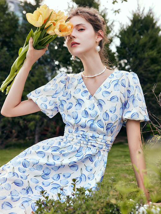 欧芮儿OLrain法式碎花连衣裙女夏季2022年新款气质泡泡袖桔梗裙 商品图3