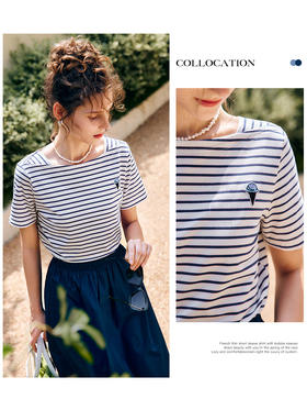 欧芮儿OLrain法式条纹短袖T恤女夏季2022年新款一字领刺绣上衣