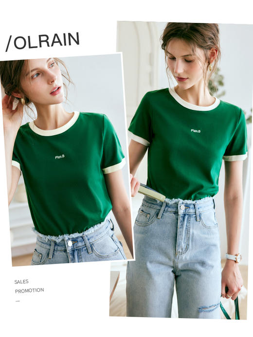 欧芮儿OLrain法式绿色短袖t恤女夏季2022新款修身显瘦高级感上衣 商品图1