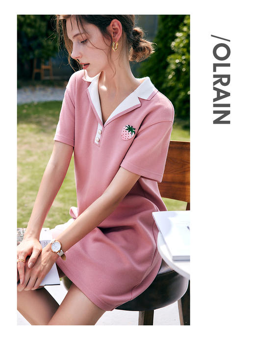欧芮儿粉色polo连衣裙女夏季2022年新款收腰显瘦气质刺绣卫衣裙 商品图3