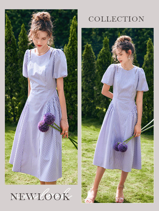 OLrain法式高级穿搭格子连衣裙女夏季2022年新款收腰镂空泡泡袖裙 商品图1