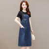 WEZM-BYX2065  时尚假两件套装连衣裙女2022夏新款修身短袖气质减龄牛仔背带裙子 商品缩略图4
