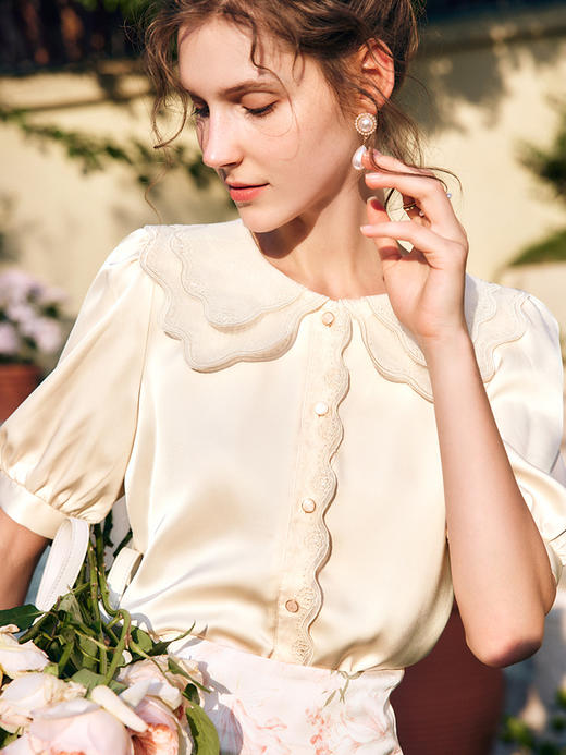 欧芮儿OLrain法式娃娃领缎面衬衫女夏季2022新款泡泡袖减龄小衫 商品图2