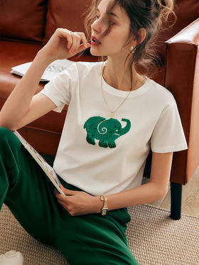 欧芮儿OLrain法式白色短袖T恤女夏季2022年新款小象绣纯棉上衣