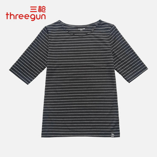 Threegun三枪 【水柔弹力棉】横条圆领女士中袖上衣打底衫-23694A011 商品图1