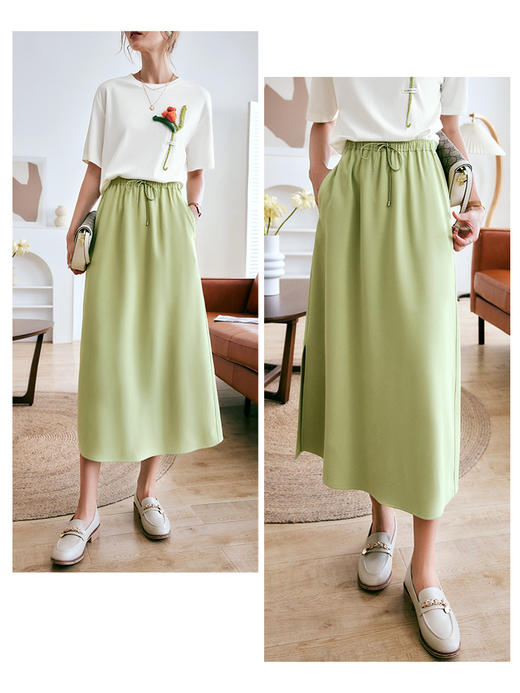 欧芮儿OLrain法式绿色半身裙女夏季2022新款高腰直筒开叉a字裙 商品图0