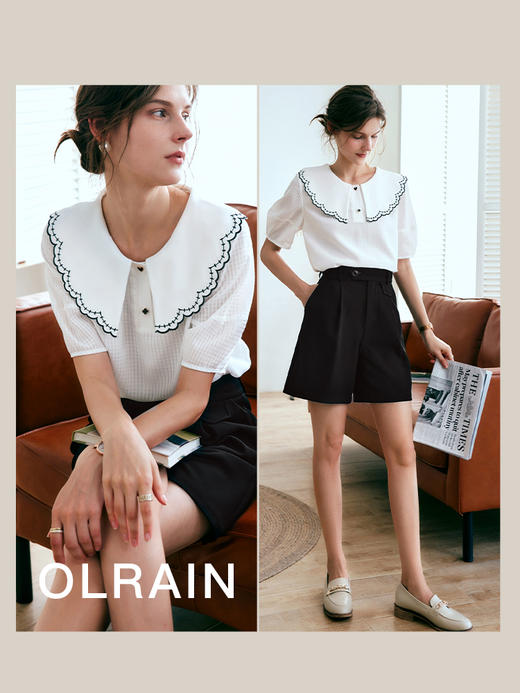 欧芮儿OLrain法式白色蕾丝雪纺衫女夏季2022新款刺绣别致漂亮上衣 商品图1