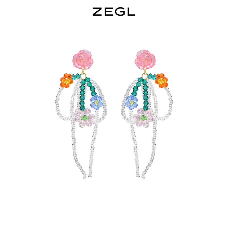 ZEGL花朵串珠耳环女高级感彩色耳钉夏日多巴胺穿搭度假银针耳饰品
