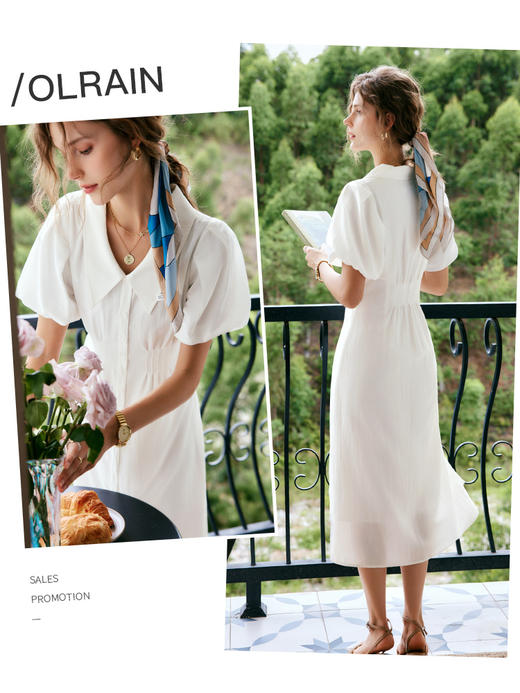 OLrain法式白色短袖连衣裙女夏季2022新款气质翻领显瘦泡泡袖裙子 商品图2