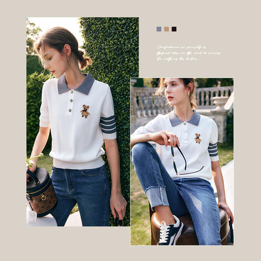 欧芮儿Polo领白色针织衫女夏季2022年新款时尚气质学院风冰爽上衣 商品图3