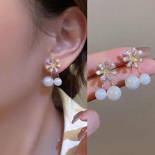 JU-DS201小清新夏季新款微镶钻人鱼姬炫彩珍珠耳环甜美花朵百搭两戴耳钉女 商品图0