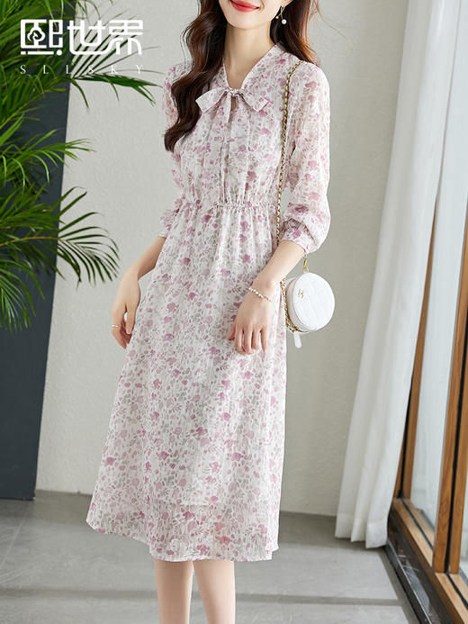 【专属特价】熙世界薄雾玫瑰碎花连衣裙女长袖秋新款浪漫飘带V领收腰雪纺裙子 商品图0