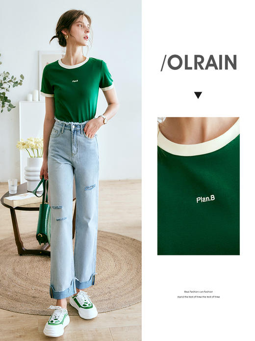 欧芮儿OLrain法式绿色短袖t恤女夏季2022新款修身显瘦高级感上衣 商品图0