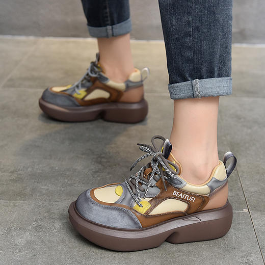 TN  T78638-60真皮复古拼色休闲潮鞋轻盈松糕百搭老爹鞋 商品图0