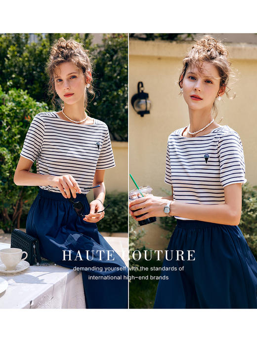 欧芮儿OLrain法式条纹短袖T恤女夏季2022年新款一字领刺绣上衣 商品图2