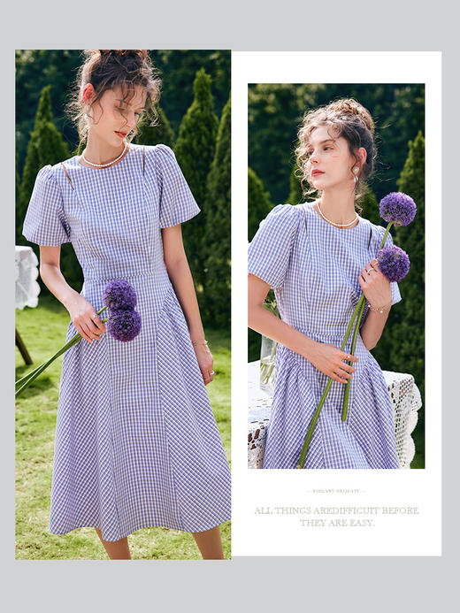 OLrain法式高级穿搭格子连衣裙女夏季2022年新款收腰镂空泡泡袖裙 商品图0