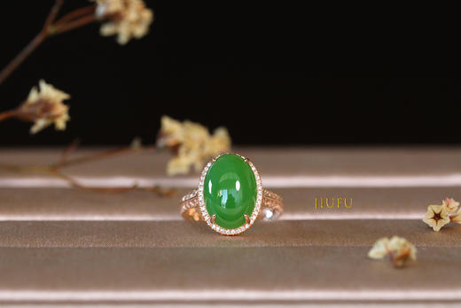18K玫瑰金和田玉（碧玉)满钻戒指--锦华/蛋面10*14mm/苹果绿 商品图2