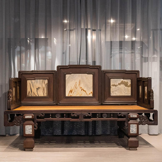 清 红木镶云石七屏风式罗汉床 商品图0