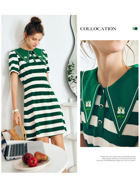 OLrain法式绿条纹短袖针织polo领连衣裙女夏季2022气质显瘦减龄裙