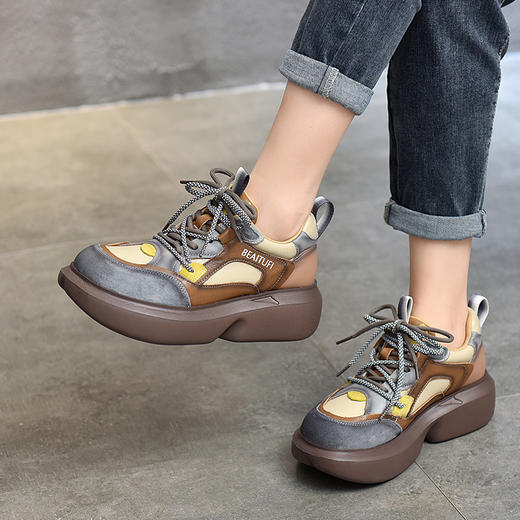 TN  T78638-60真皮复古拼色休闲潮鞋轻盈松糕百搭老爹鞋 商品图2