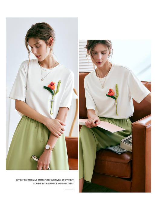 欧芮儿OLrain法式白色短袖t恤女夏季2022刺绣天丝独特别致上衣 商品图1