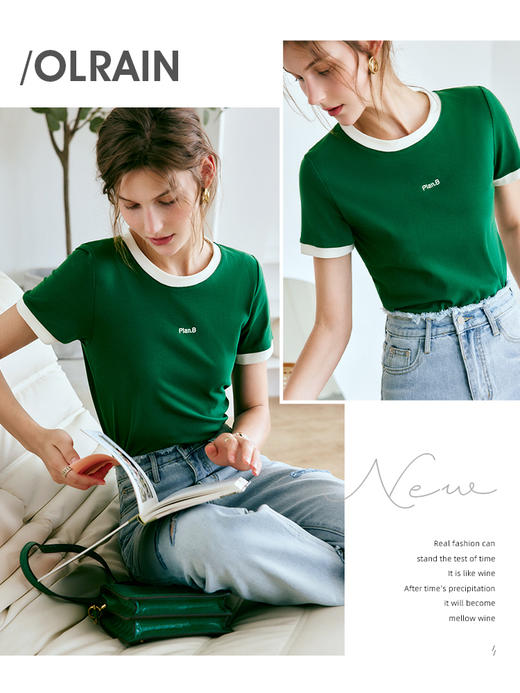 欧芮儿OLrain法式绿色短袖t恤女夏季2022新款修身显瘦高级感上衣 商品图2