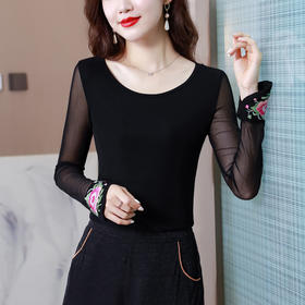 民族风刺绣打底衫，气质弹力紧身T恤KQL-H1918