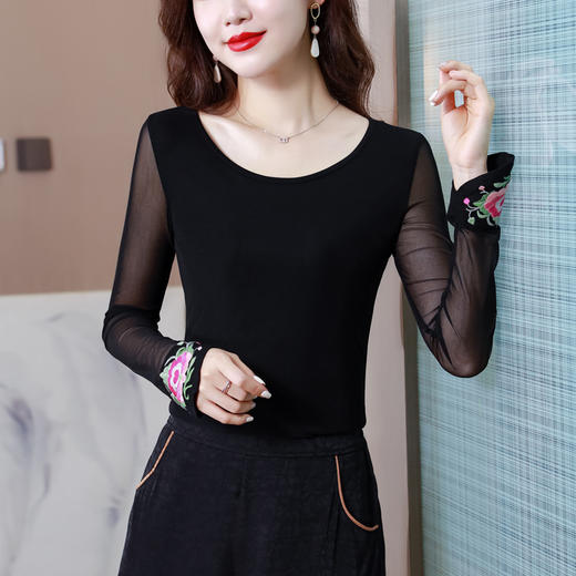 民族风刺绣打底衫，气质弹力紧身T恤KQL-H1918 商品图0
