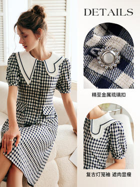 欧芮儿OLrain法式高级格子连衣裙女夏季2022新款气质短袖设计感裙
