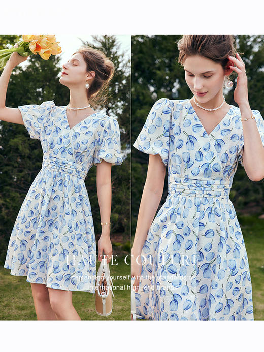 欧芮儿OLrain法式碎花连衣裙女夏季2022年新款气质泡泡袖桔梗裙 商品图1