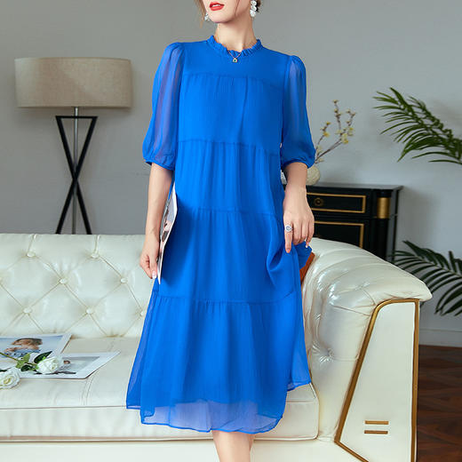 法式气质，新款优雅名媛桑蚕丝克莱因蓝真丝连衣裙SS-002 商品图0