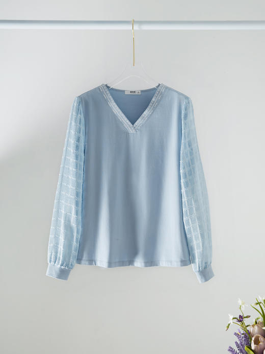 【618秒杀】熙世界早秋新款女装温柔风提花雪纺长袖拼接假两件V领T恤上衣 商品图4