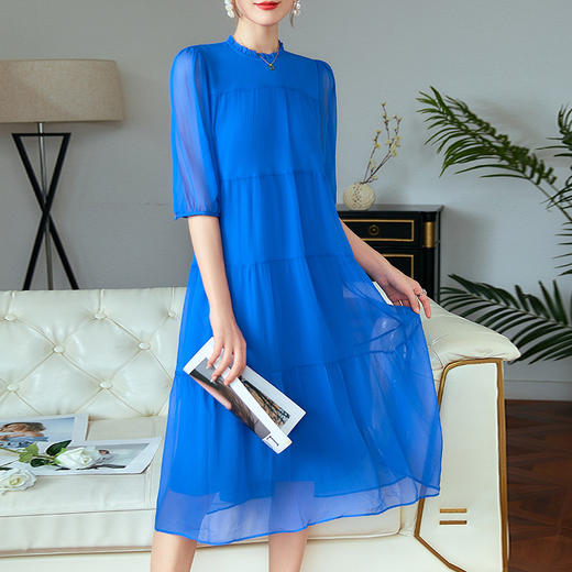 法式气质，新款优雅名媛桑蚕丝克莱因蓝真丝连衣裙SS-002 商品图1