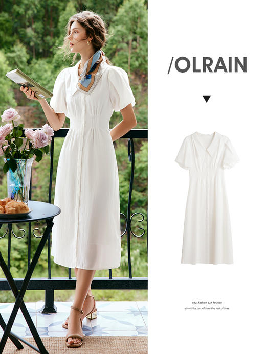 OLrain法式白色短袖连衣裙女夏季2022新款气质翻领显瘦泡泡袖裙子 商品图0