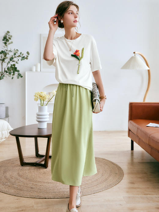 欧芮儿OLrain法式绿色半身裙女夏季2022新款高腰直筒开叉a字裙 商品图3