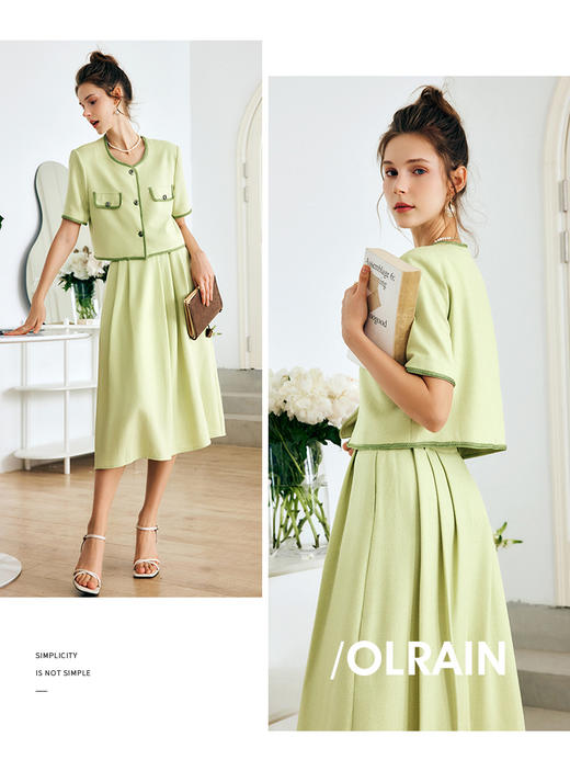 OLrain法式绿色小香风时尚套装女夏季2022年新款时髦减龄两件套 商品图2