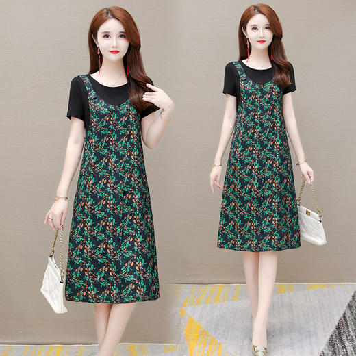 时尚假两件套装连衣裙修身短袖气质减龄印花背带裙子 商品图2