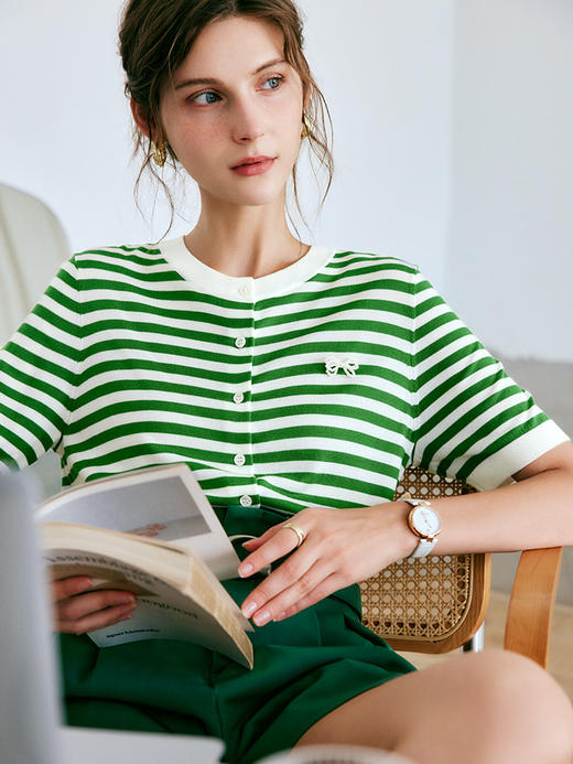 OLrain法式高级穿搭条纹针织衫女夏季2022新款时尚冰爽薄款套头衫 商品图1