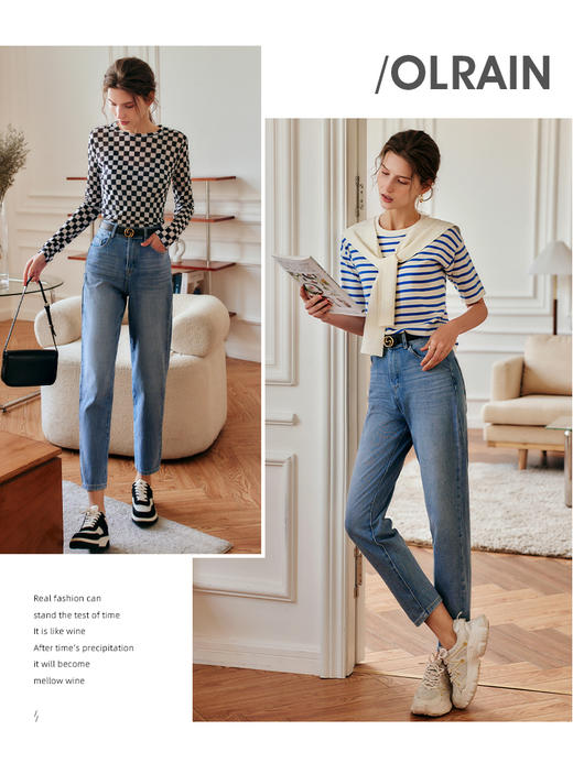 欧芮儿OLrain法式蓝色牛仔裤女夏季2022新款高腰优雅直筒小脚裤 商品图2