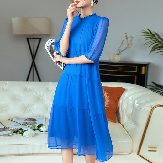 法式气质，新款优雅名媛桑蚕丝克莱因蓝真丝连衣裙SS-002 商品图2