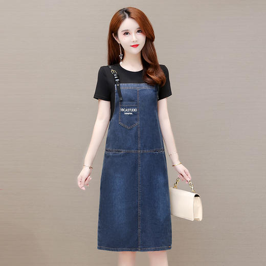 WEZM-BYX2065  时尚假两件套装连衣裙女2022夏新款修身短袖气质减龄牛仔背带裙子 商品图2