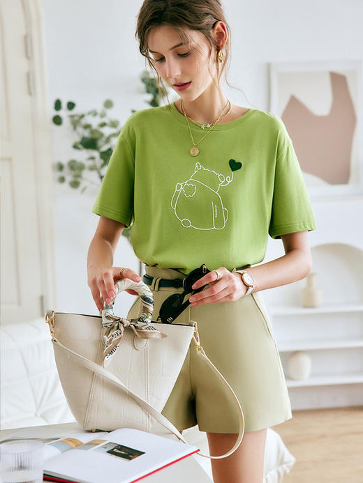 欧芮儿OLrain法式绿色短袖t恤女夏季2022新款宽松薄款高级感上衣 商品图3