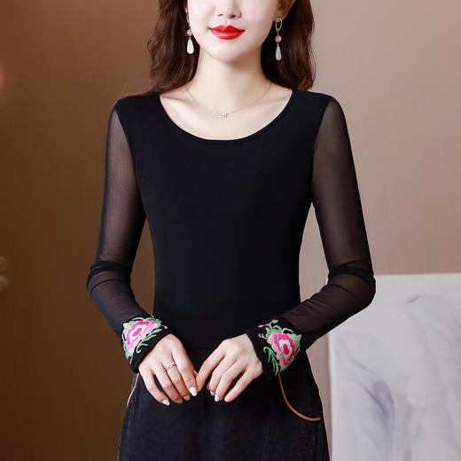 民族风刺绣打底衫，气质弹力紧身T恤KQL-H1918 商品图2