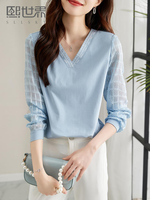 【618秒杀】熙世界早秋新款女装温柔风提花雪纺长袖拼接假两件V领T恤上衣 商品图1