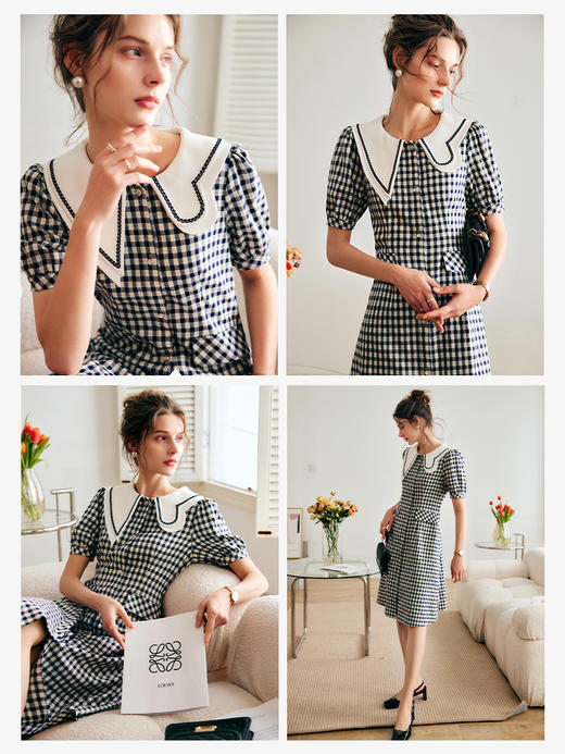 欧芮儿OLrain法式高级格子连衣裙女夏季2022新款气质短袖设计感裙 商品图1