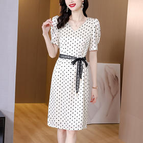 AHM yjr1869缎面时尚v领泡泡短袖波点印花a字裙