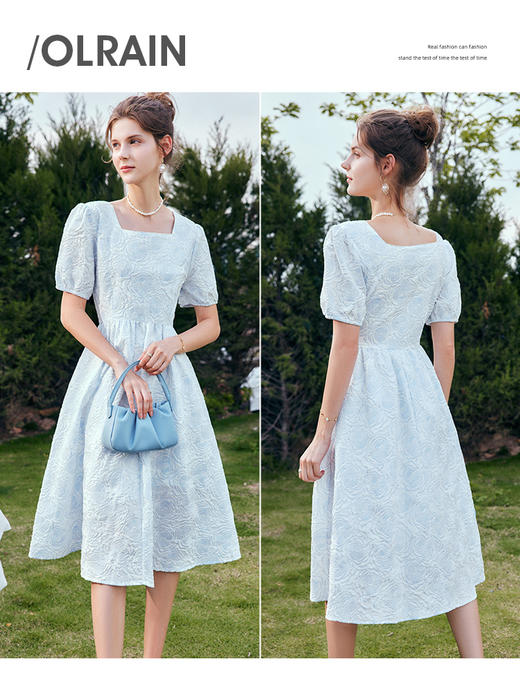 欧芮儿OLrain法式蓝色短袖休闲连衣裙女夏季2022气质显瘦收腰裙 商品图2