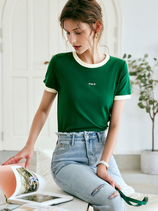 欧芮儿OLrain法式绿色短袖t恤女夏季2022新款修身显瘦高级感上衣 商品图3